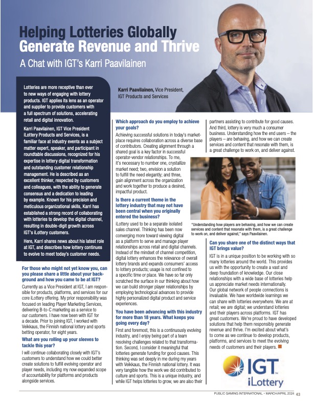 Public Gaming International Magazine article:  Helping Lotteries Globally Generate    and   Thrive