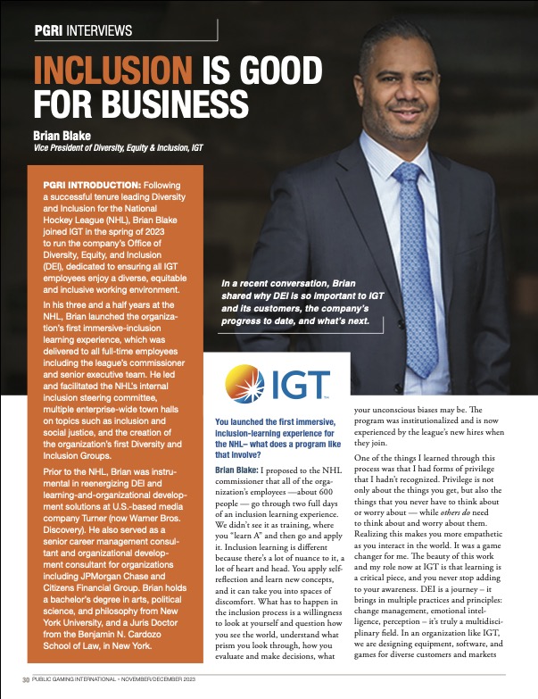 Public Gaming International Magazine article: PGRI Interviews Brian Blake,  Vice President of Diversity,  Equity and Inclusion