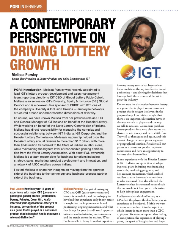 Public Gaming International Magazine article: PGRI Interviews Melissa Pursley: A Contemporary Perspective on Driving Lottery Growth
