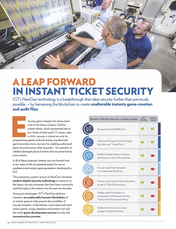 Public Gaming International Magazine article: A Leap Forward in Instant Ticket Security