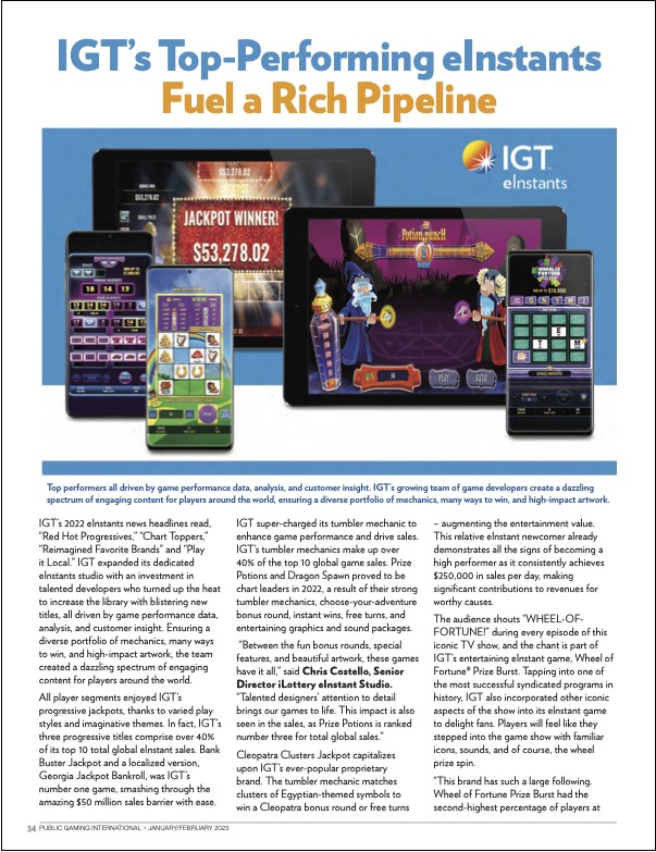Public Gaming International Magazine article: IGT’s Top-Performing eInstants Fuel a Rich Pipeline