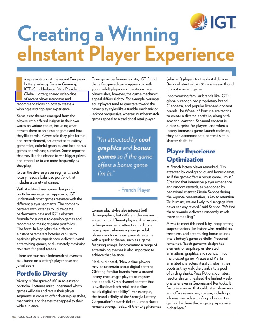 Public Gaming International Magazine article: Creating a Winning eInstant Player Experience