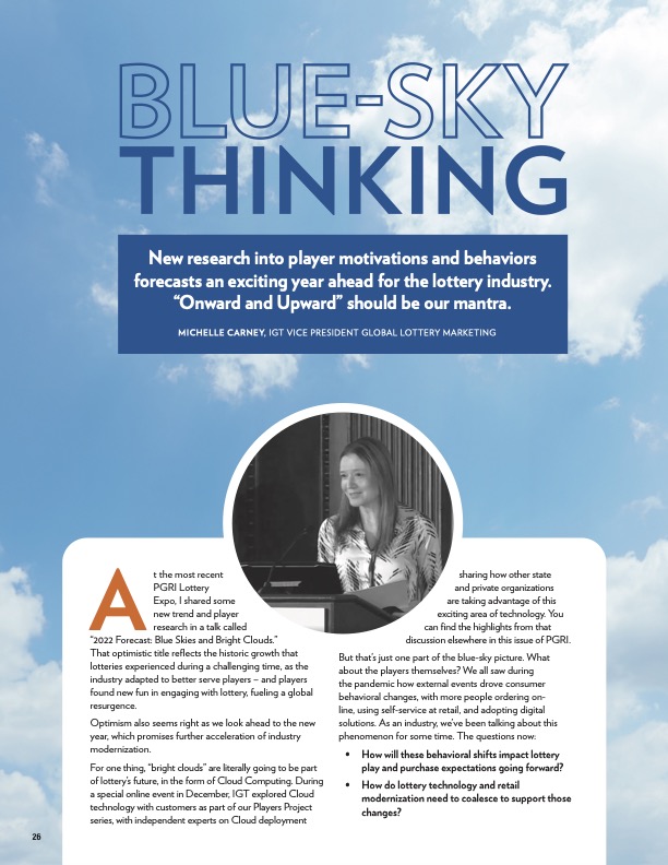 Public Gaming International Magazine article: Blue-Sky Thinking