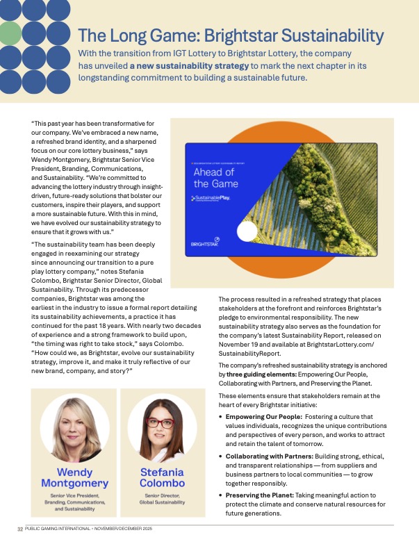 Public Gaming International Magazine article: The Long Game: Brightstar Sustainability