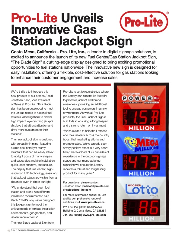 Public Gaming International Magazine article: Pro-Lite Unveils Innovative Gas Station Jackpot Sign