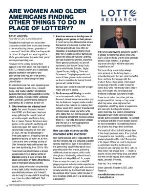 Public Gaming International Magazine interview or guest article: Are Women and Older Americans Finding Other Things To Do In Place of Lottery?