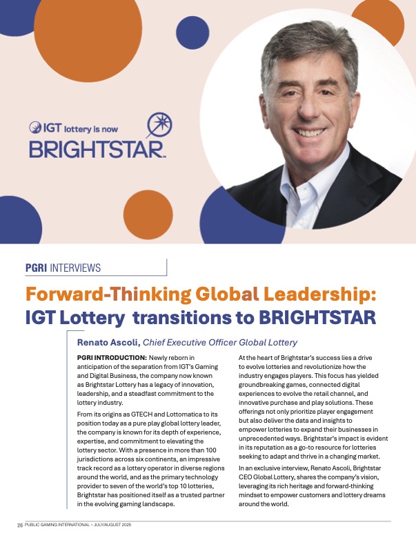 Forward-Thinking Global Leadership: IGT Lottery transitions to BRIGHTSTAR