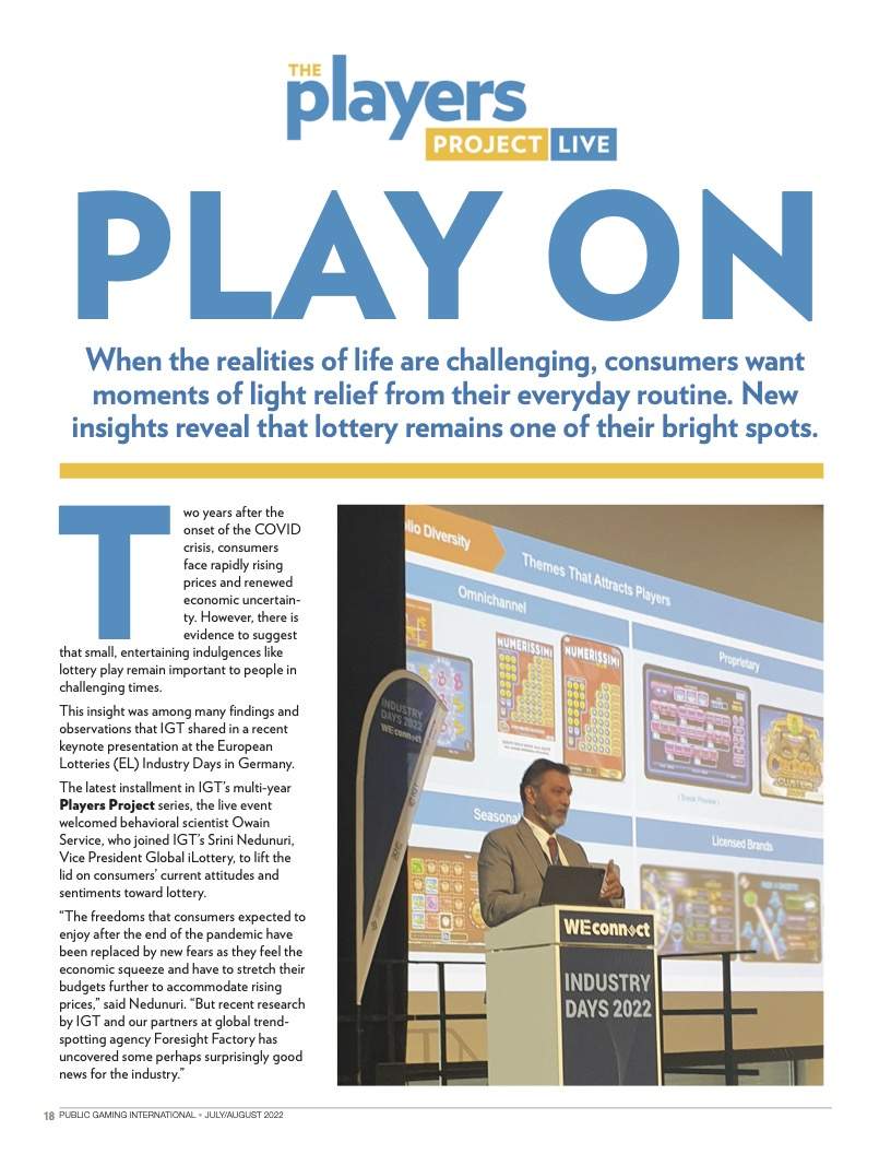 Public Gaming International Magazine article: The Players Project Live: Play On