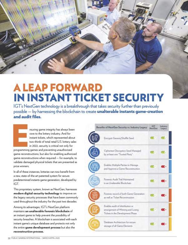 Public Gaming International Magazine article: A Leap Forward in Instant Ticket Security
