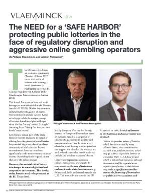 Public Gaming International Magazine interview or guest article: The NEED for a ‘SAFE HARBOR’ protecting public lotteries in the face of regulatory disruption and aggressive online gambling operators
